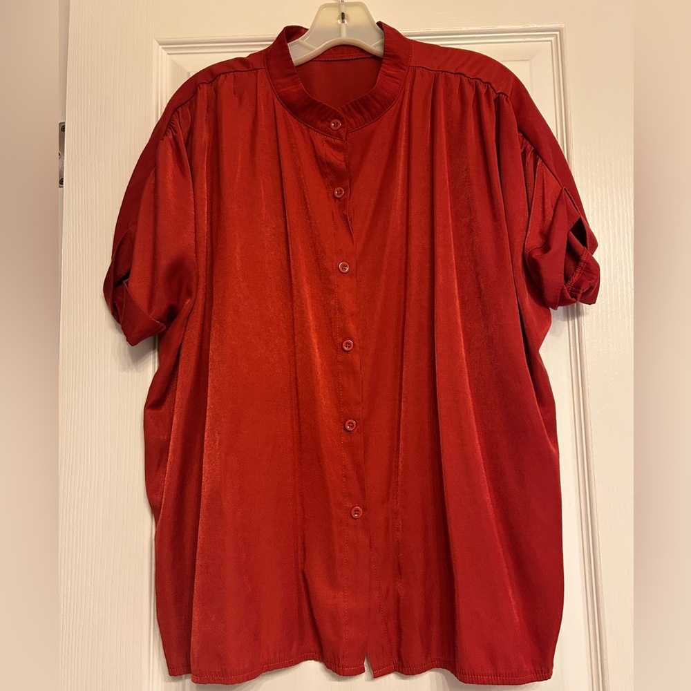 SHEIN Women’s Button-Up Blouse Rust Orange Sateen Short-Sleeve Size Large